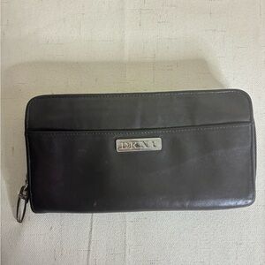 DKNY Espresso Brown Leather Zip Around Wallet Silver Hardware